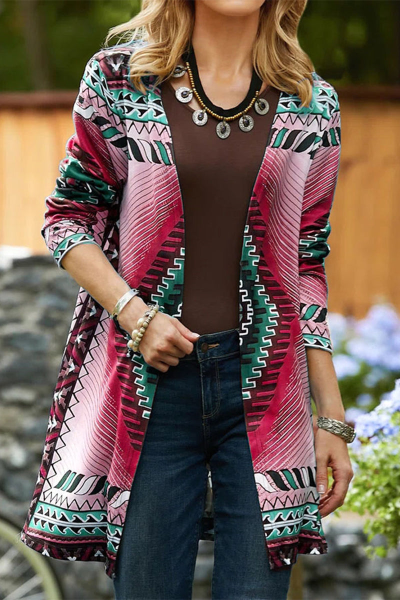 Street-wave Women's Modern Cozy Winter Knit Cardigan With Bold Geometric Print For Everyday Style