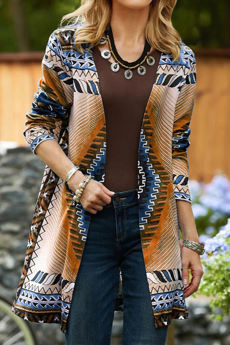 Street-wave Women's Modern Cozy Winter Knit Cardigan With Bold Geometric Print For Everyday Style