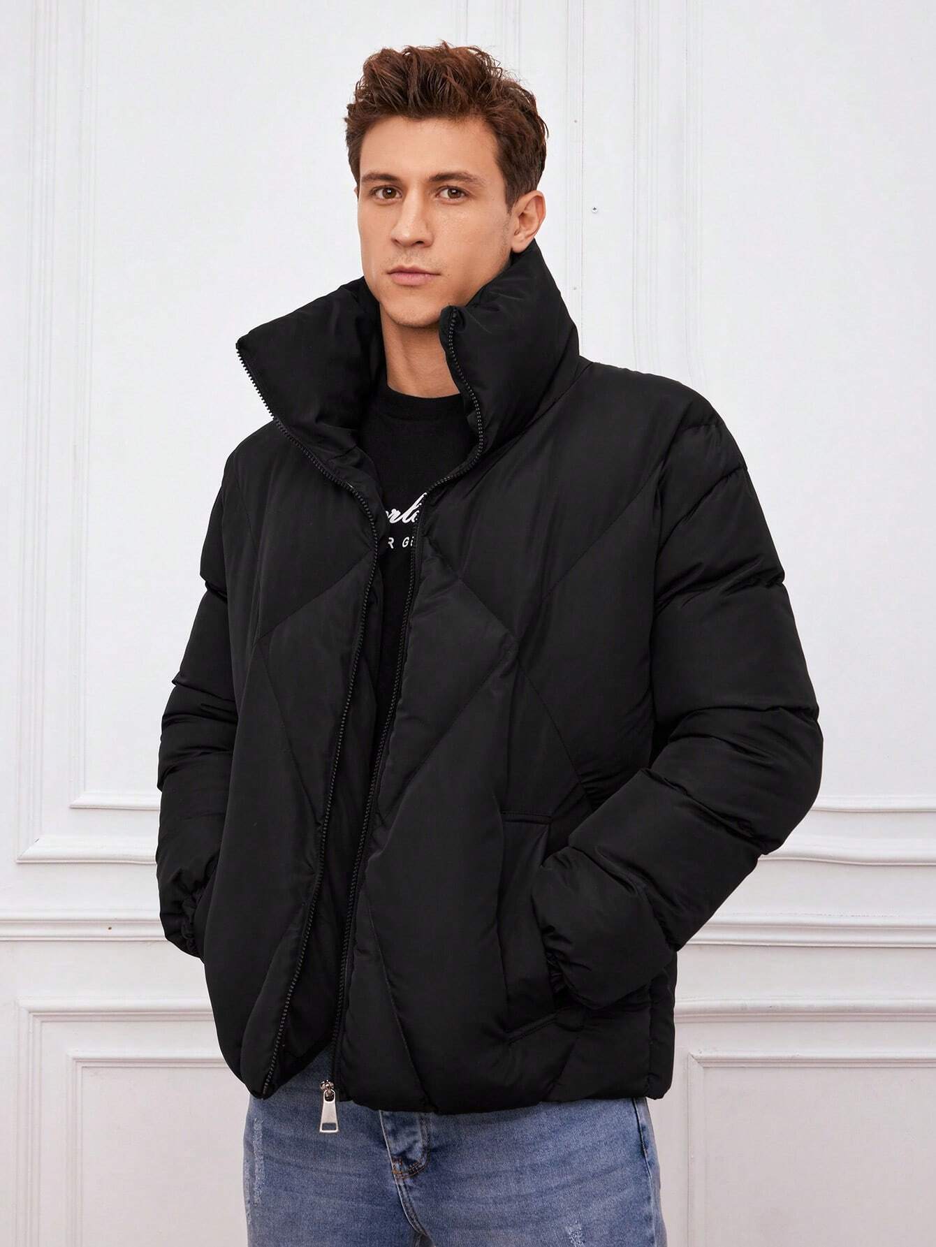 Street-Wave Puffer Jacket With High Collar Zip Warm And Modern For Men Ideal Winter Everyday Wear