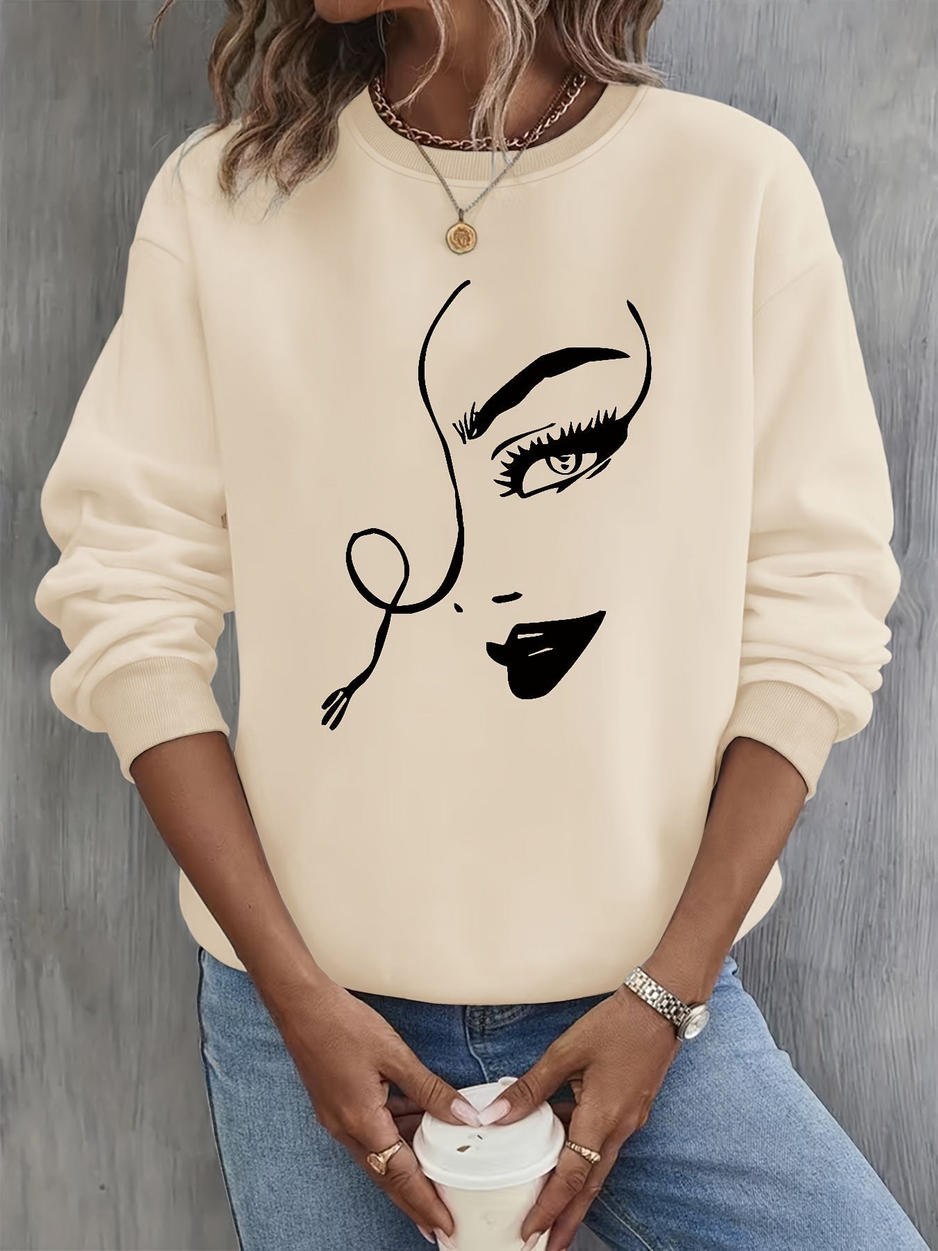Street Wave Artistic Face Sweatshirt Cotton Comfort For Fashion Forward Everyday Wear