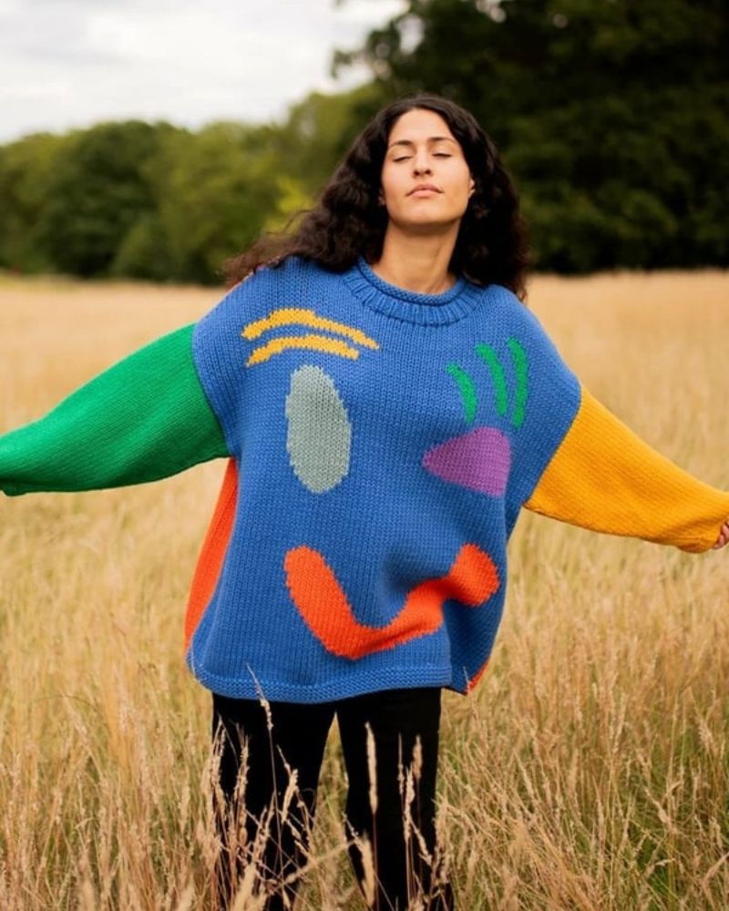 Street-Wave Soul Positive Sweater Cozy Cheerful Navy Knit For Women Bold Smile Pattern