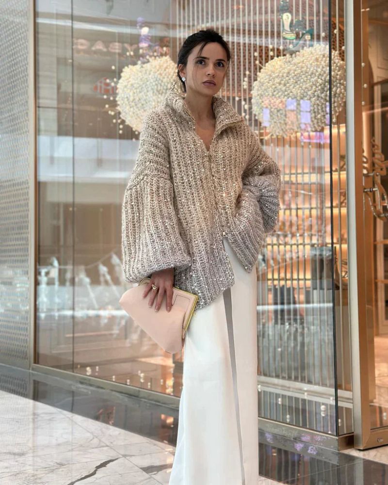 Street-Wave Sequin V-Neck Cardigan for Women Soft Sparkling Knit Winter Essential