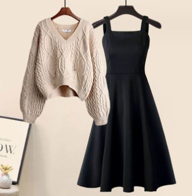 Street-wave Two Piece Knit Top And Elegant Dress Set For Modern Women Versatile Day To Night Outfit