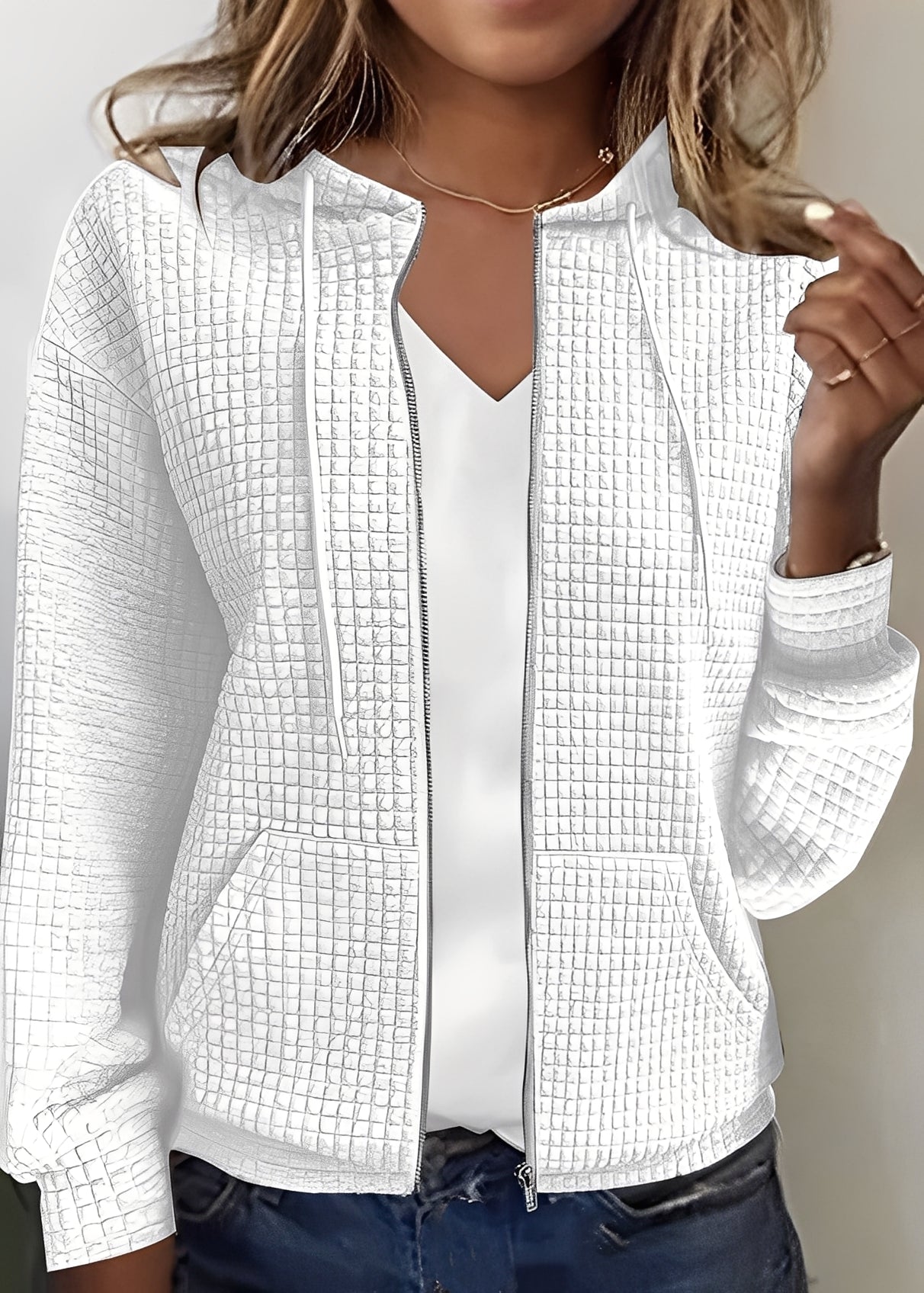 Street-wave Pink Quilted Hooded Cardigan for Women With Pockets Soft Easy Care Cozy Everyday Essential