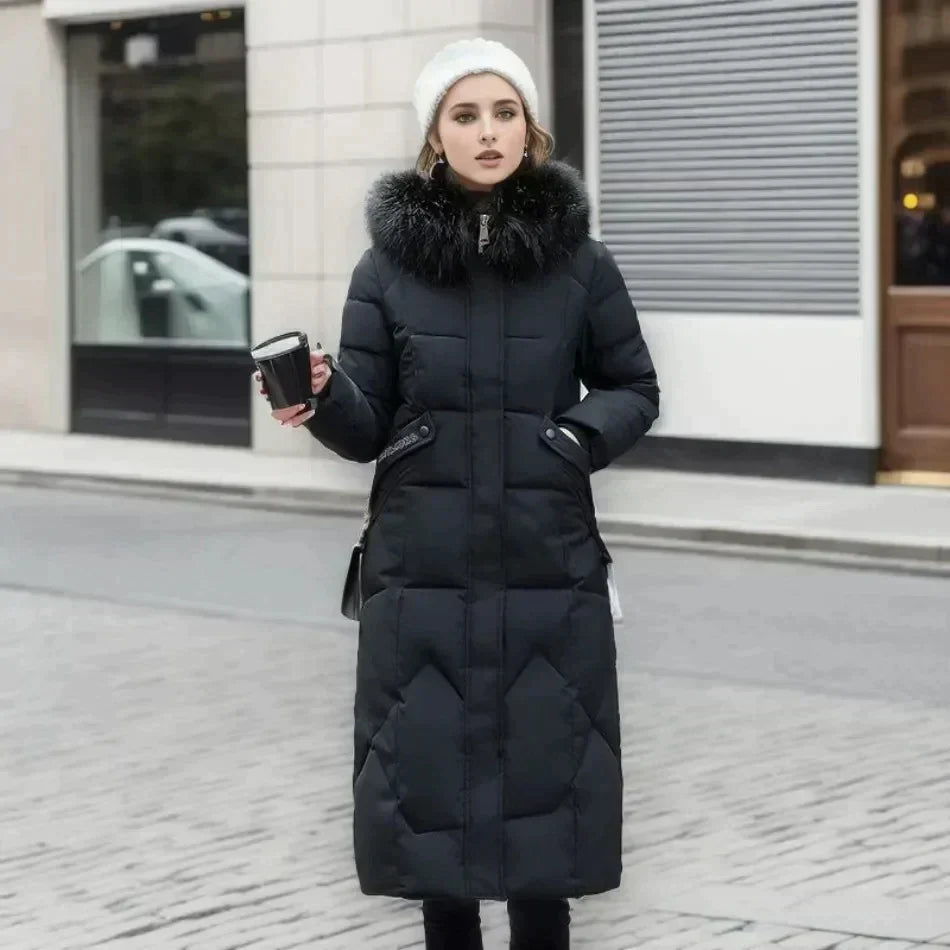 Street-wave Long Winter Coat For Women With Luxe Faux Fur Collar Quilted Puffer Style