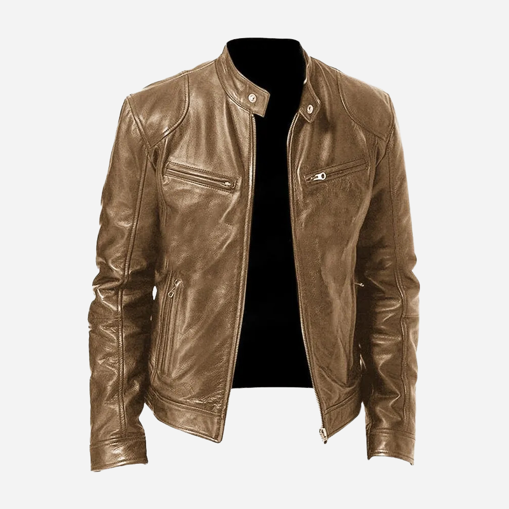 Mens Genuine Leather Biker Jacket Slim Fit With Snap Tab Collar And Zipper Closure