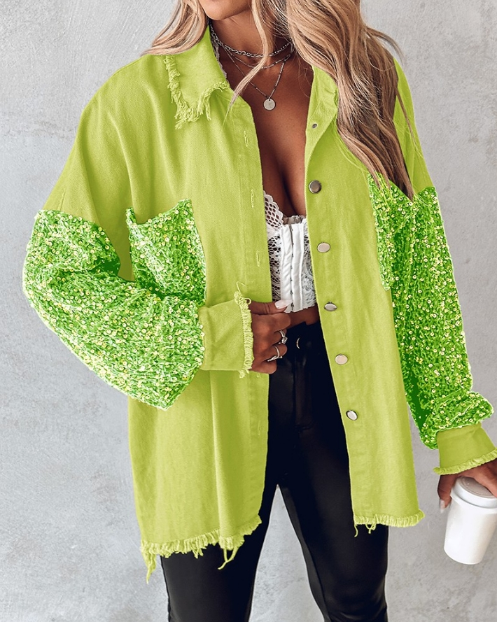 Street Wave Sequin Sleeve Jacket For Women With Contrast Embellished Arms Trendy Statement Outerwear