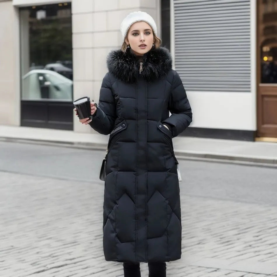 Streetwave Womens Long Puffer Coat With Faux Fur Hood Beige Color For Ultra Warmth And Cozy Comfort