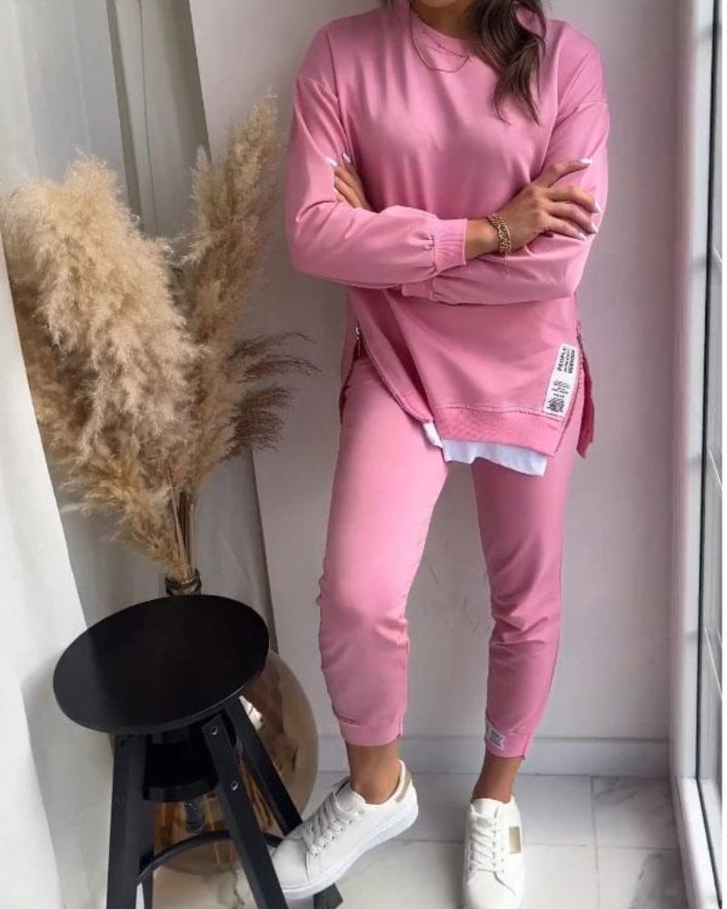 Street-wave Cozy Fleece Two-Piece Sweater And Pants Set For Women, Trendy Winter Warmth