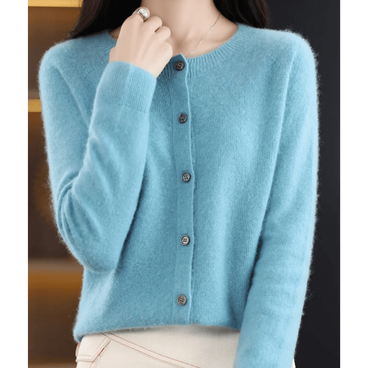 Street-Wave Womens Fine Knit Cardigan Crew Neck Soft CashmereFeel Merino Wool Blend Cozy Warm Essential