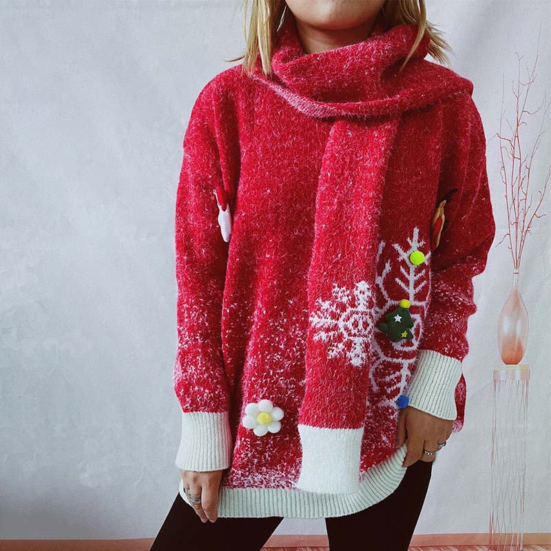 Street-Wave Christmas Knit Sweater And Scarf Set For Women Cozy Cotton-Acrylic Blend Festive Snowflake Design