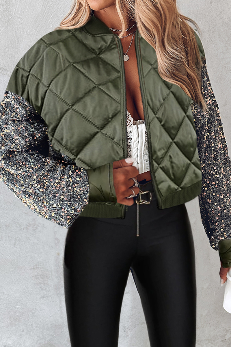 Street-wave Sequined Sleeves Quilted Jacket For Women Chic Short Jacket With Sparkling Details