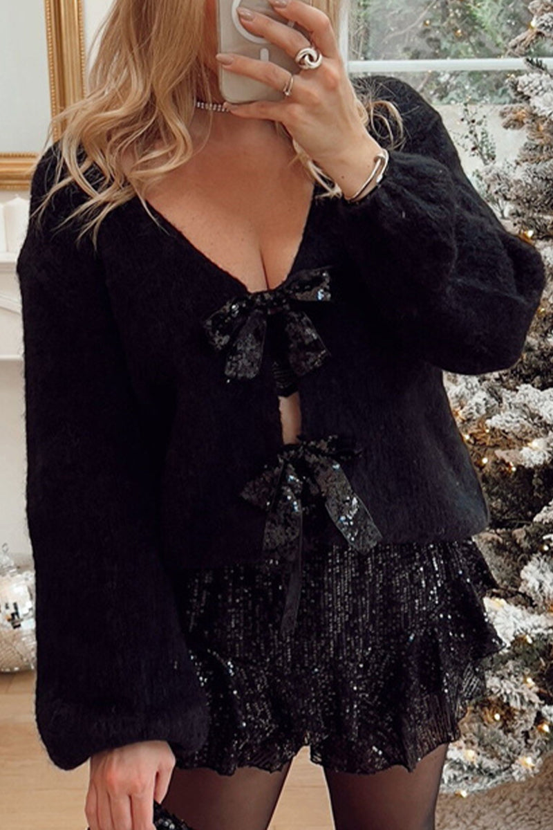 Street-wave Grey Fuzzy Bow Front Top For Women Elegant Cozy Knitwear With Sequined Bows