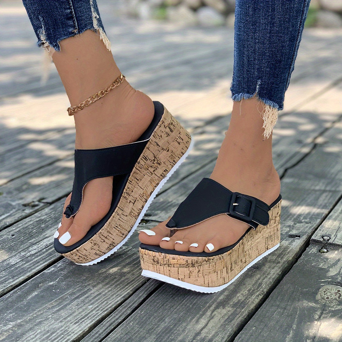 White Cork Wedge Sandals for Women by Street-wave, Elegant Comfort and Stable All-Day Wear