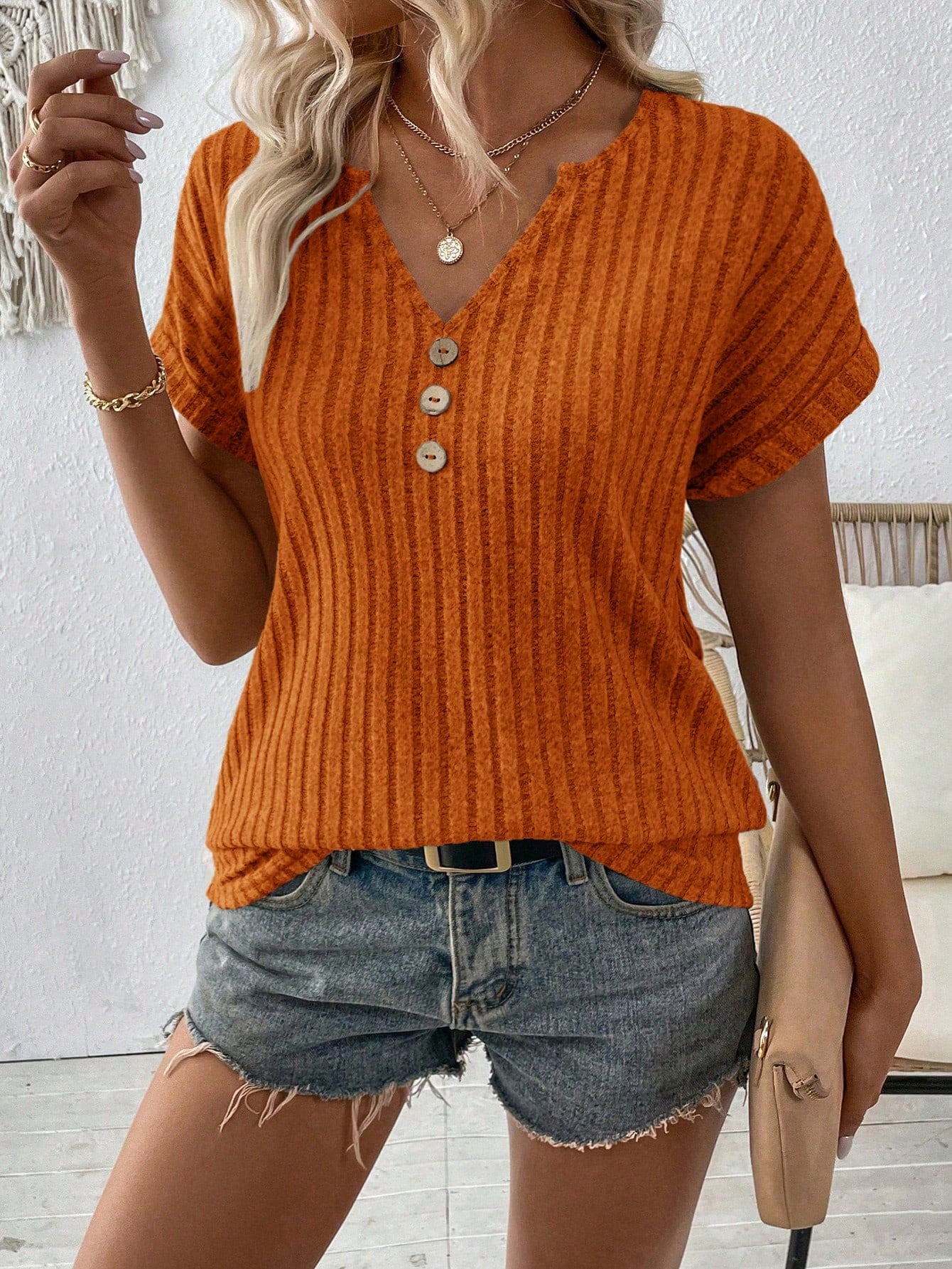 Street Wave Franziska Ribbed Buttoned Top Casual Comfort For Women