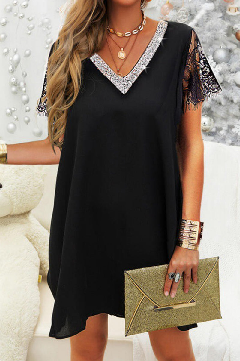 Street-Wave Lace Sequin V-Neck Dress For Women With Short Sleeves Casual Black Elegant Occasion Wear