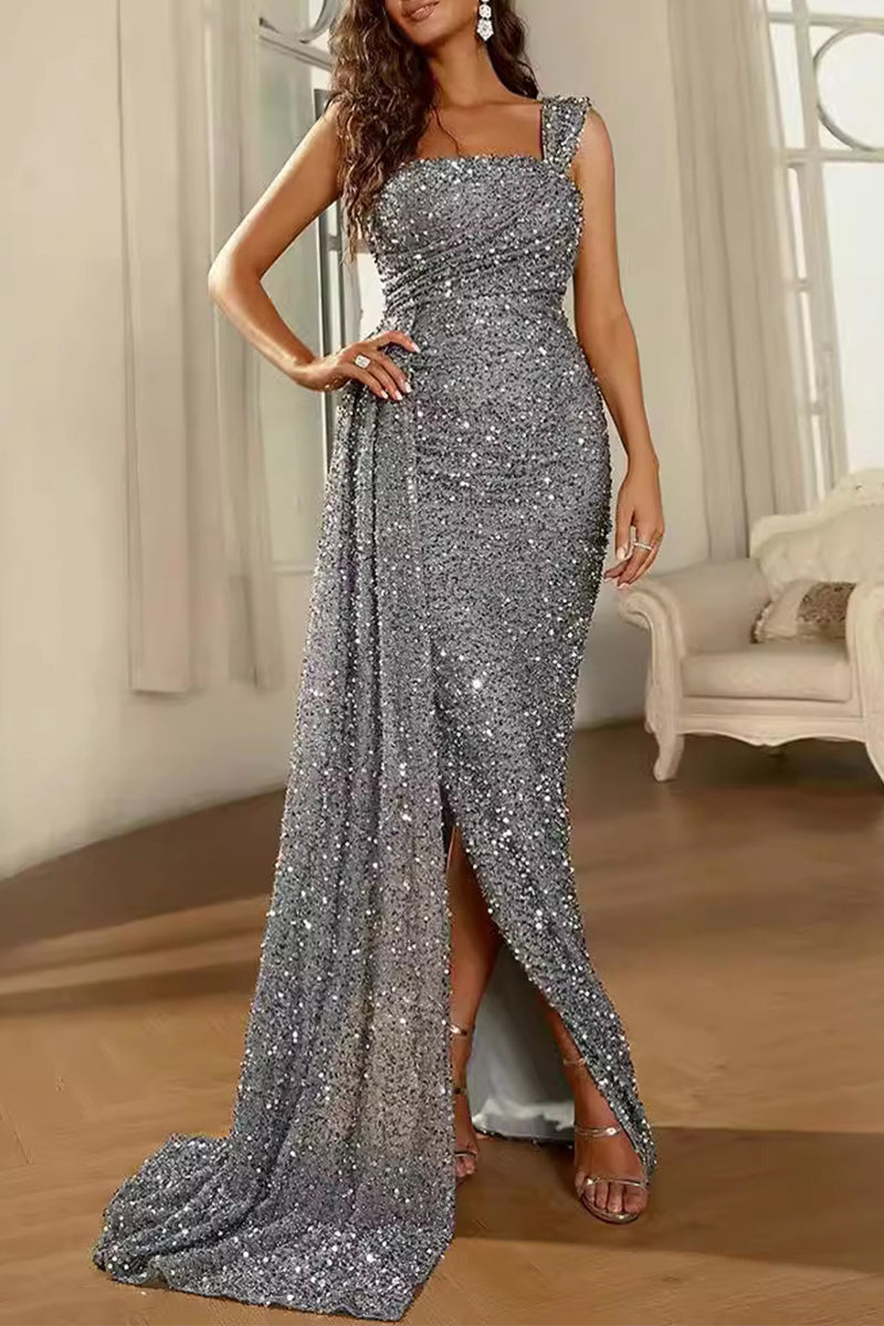 Street Wave Sequin Evening Gown For Women With Square Neck High Slit Elegant Formal Dress