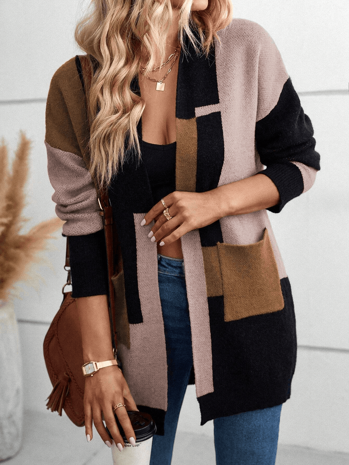 Street-wave Colorblock Winter Cardigan For Women Elegant Casual Knitwear With Cozy Warmth
