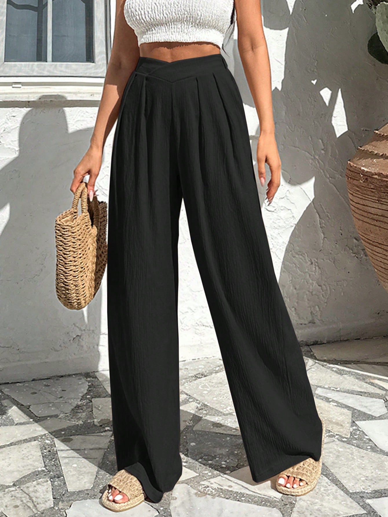 Street Wave Maya Wide Leg Pleated Trousers Petite Breathable Comfort