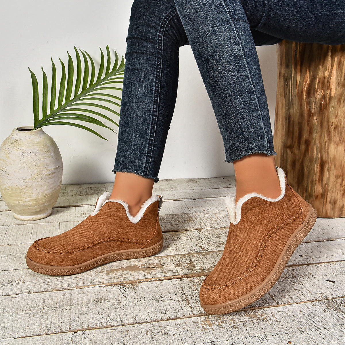 Women's Slip-On Ankle Boots with Fur Lining and Thick Sole