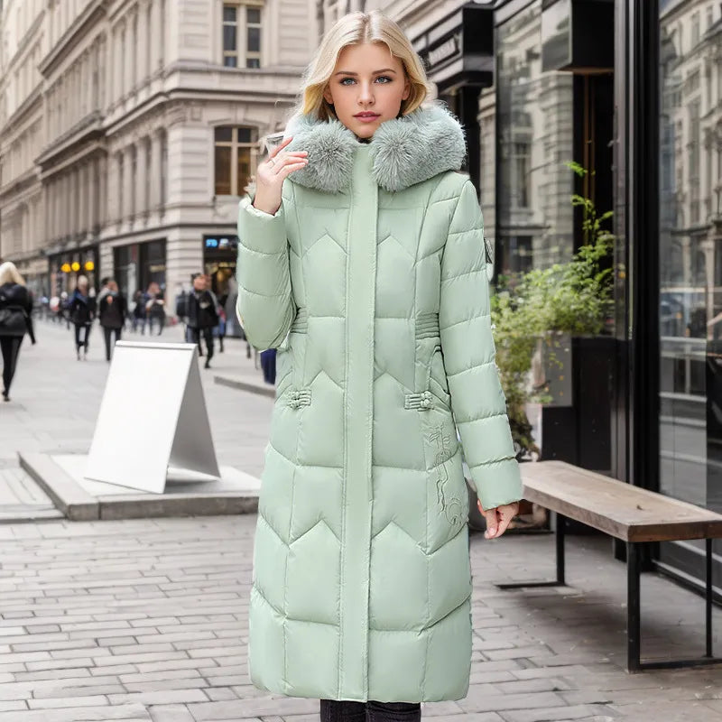Street-Wave Long Slim Winter Jacket For Women With Faux Fur Hood Cozy Warmth