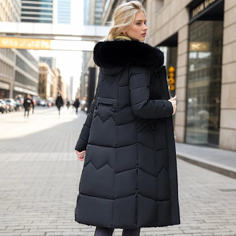 Street-Wave Long Slim Winter Jacket For Women With Faux Fur Hood Cozy Warmth