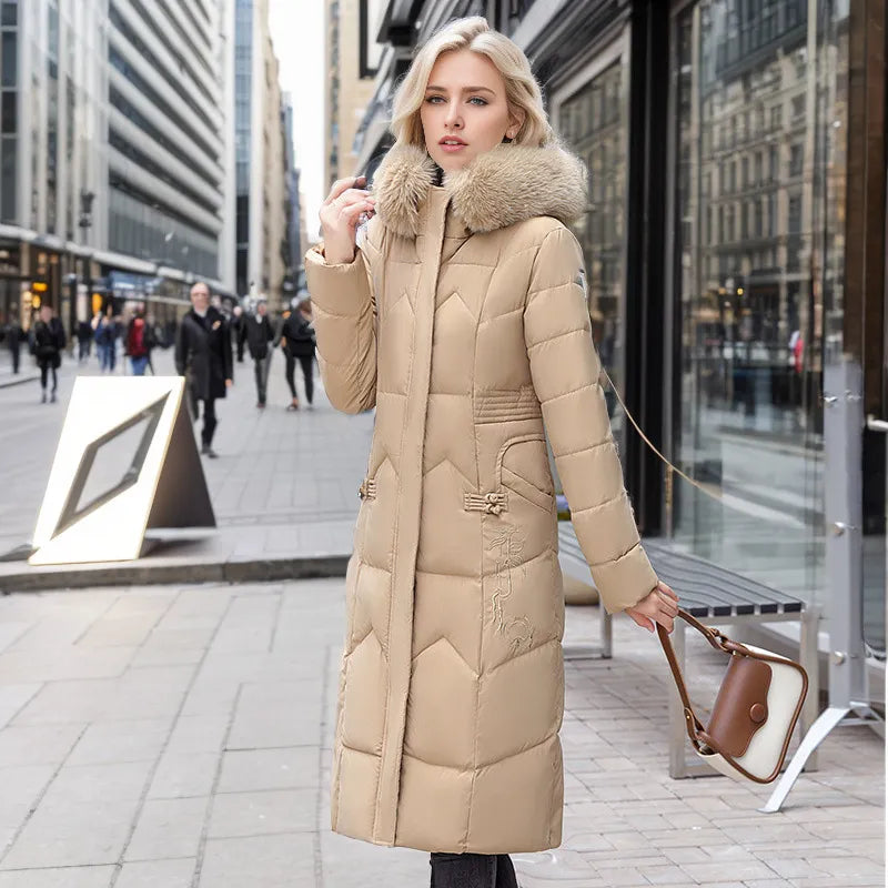 Street-Wave Long Slim Winter Jacket For Women With Faux Fur Hood Cozy Warmth