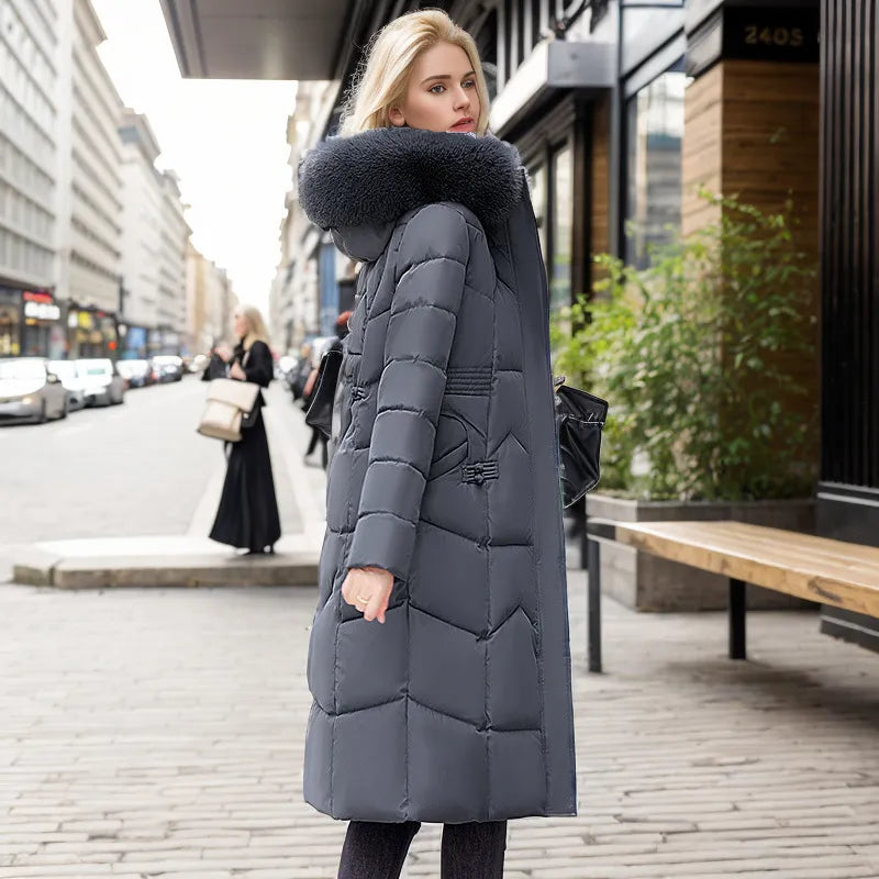 Street-Wave Long Slim Winter Jacket For Women With Faux Fur Hood Cozy Warmth