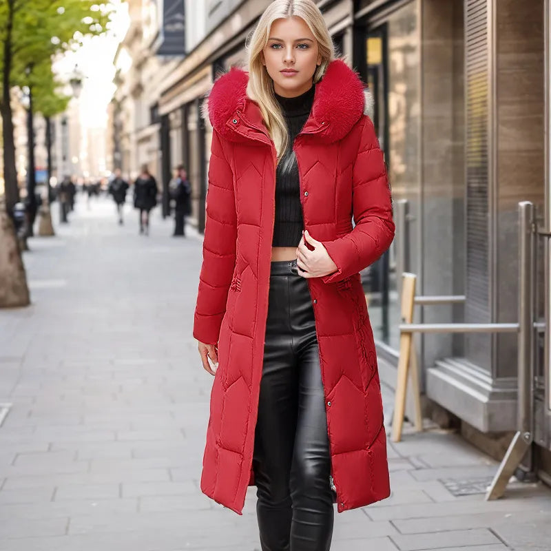 Street-Wave Long Slim Winter Jacket For Women With Faux Fur Hood Cozy Warmth
