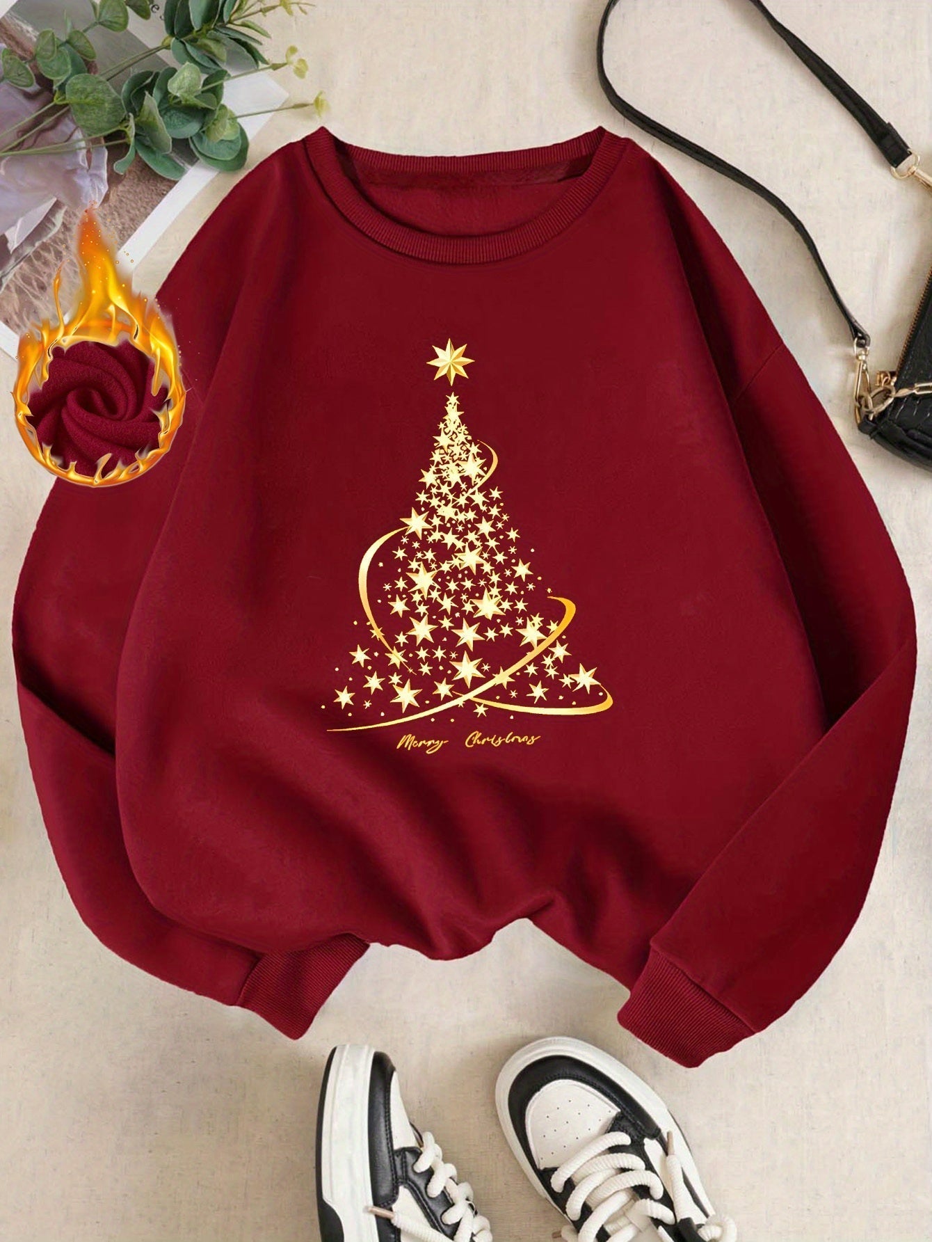 Street-Wave Christmas Tree Sweatshirt For Women Cozy Cotton With Gold Print Design