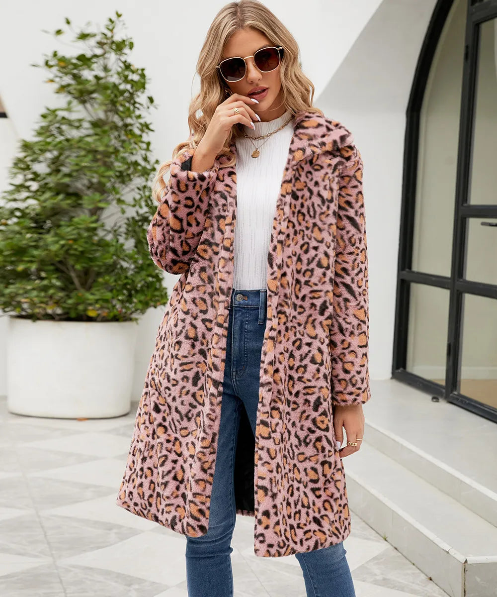 Street-wave Leopard Print Plush Faux Fur Jacket For Women Cozy Statement Outerwear