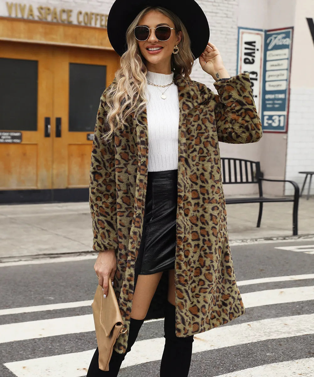 Street-wave Leopard Print Plush Faux Fur Jacket For Women Cozy Statement Outerwear