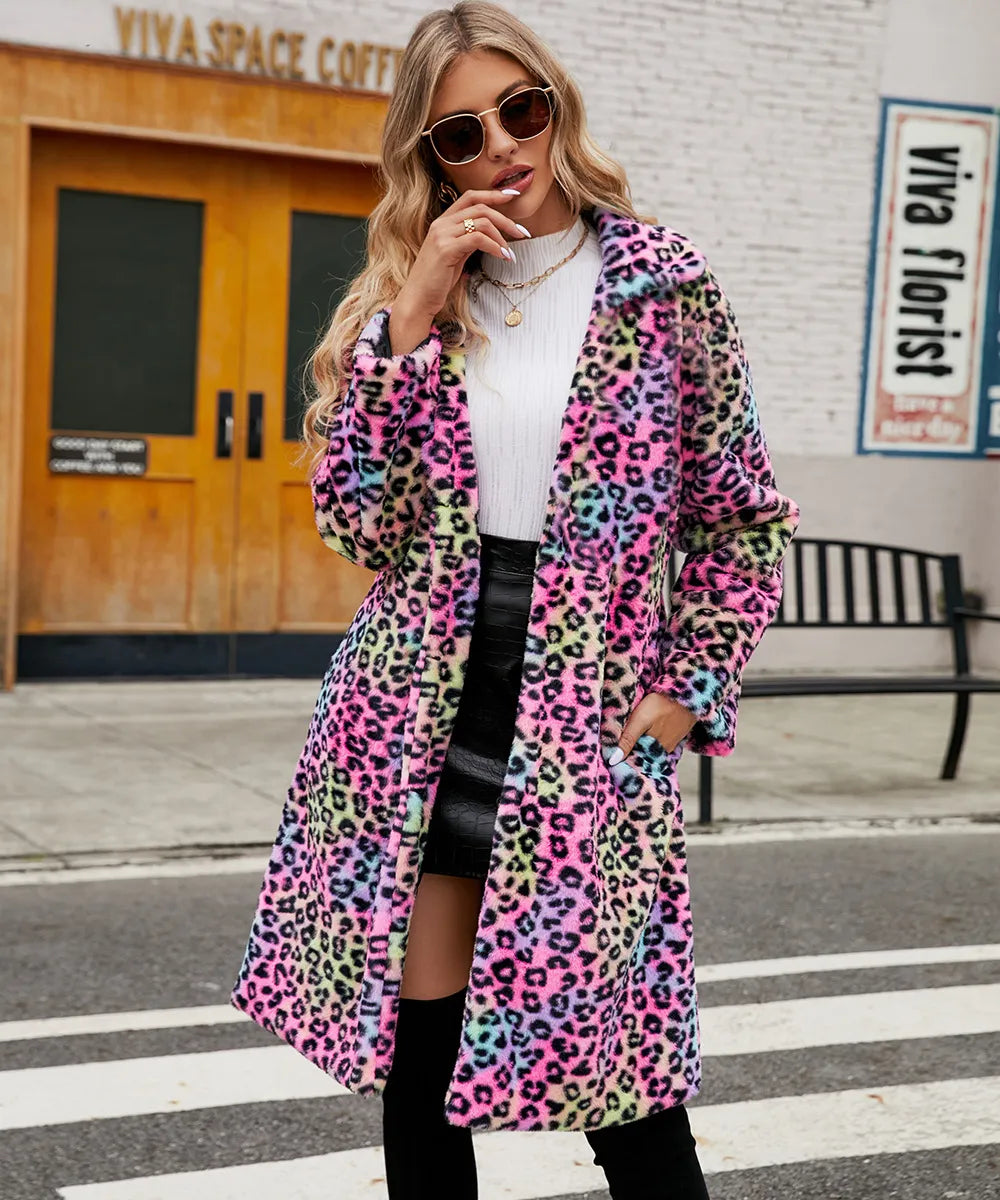 Street-wave Leopard Print Plush Faux Fur Jacket For Women Cozy Statement Outerwear
