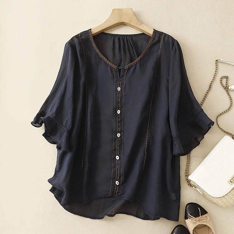 Women's Ruffle Sleeve Blouse with Pattern Design and Lightweight Fabric