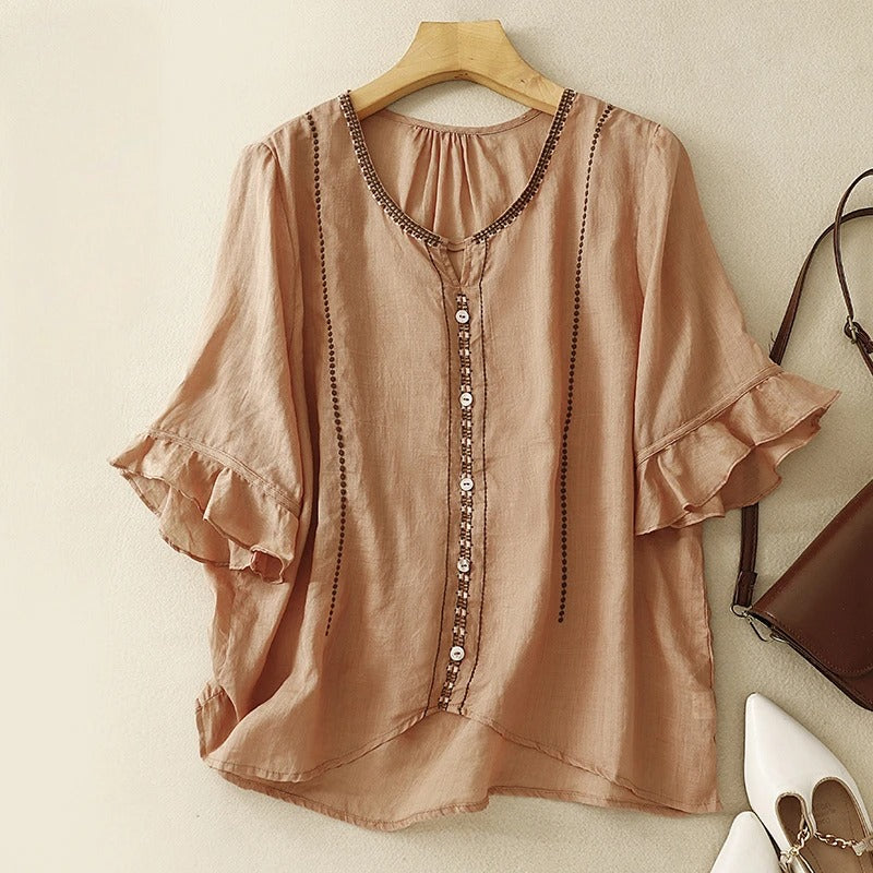 Women's Ruffle Sleeve Blouse with Pattern Design and Lightweight Fabric