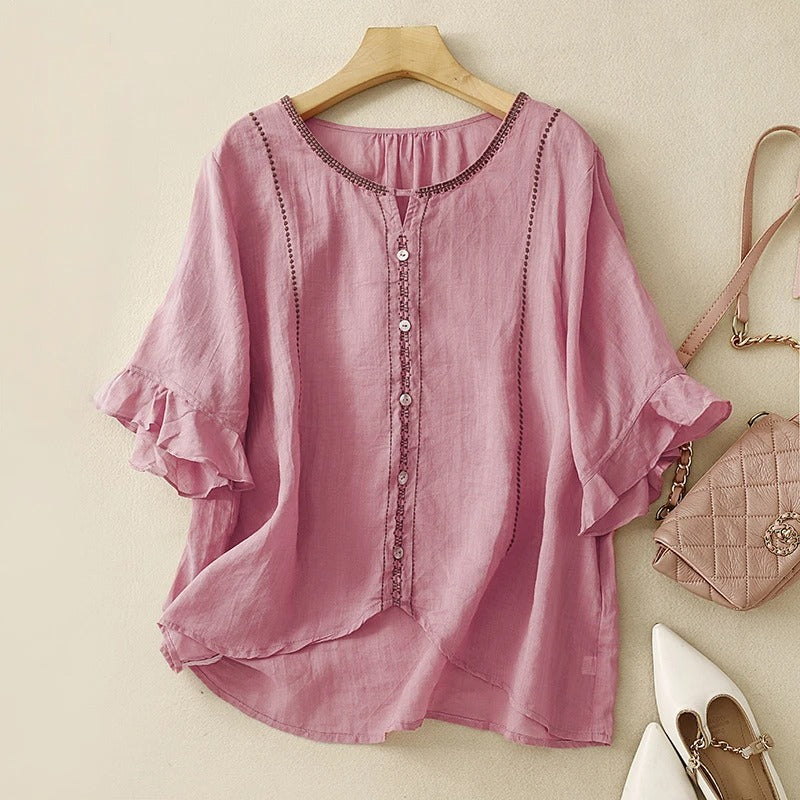 Women's Ruffle Sleeve Blouse with Pattern Design and Lightweight Fabric
