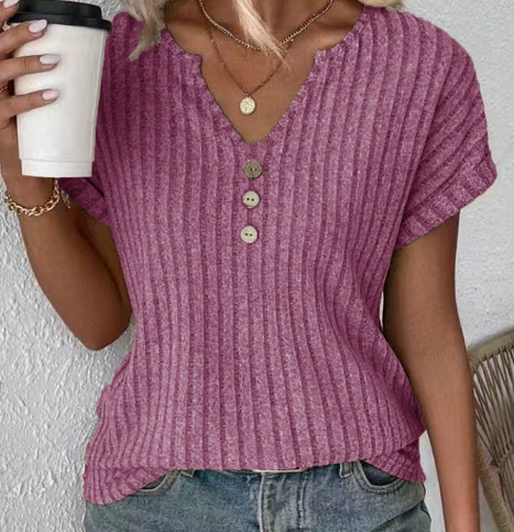 Street Wave Franziska Ribbed Buttoned Top Casual Comfort For Women