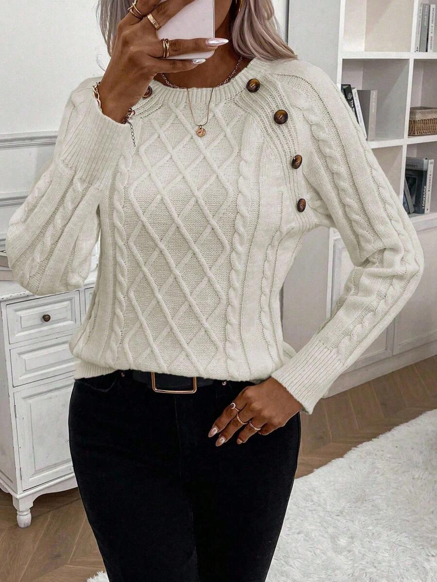 Women's Cable Knit Jumper with Button Details and Cozy Design