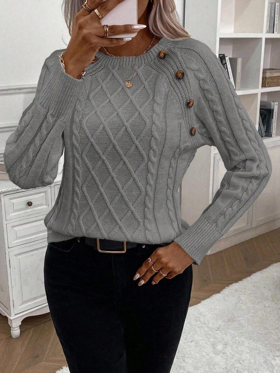 Women's Cable Knit Jumper with Button Details and Cozy Design