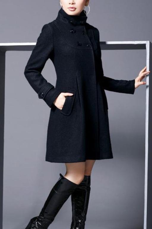 Street-wave Wool Coat for Women Knee Length A Line with High Collar and Double Zipper Elegant Cut