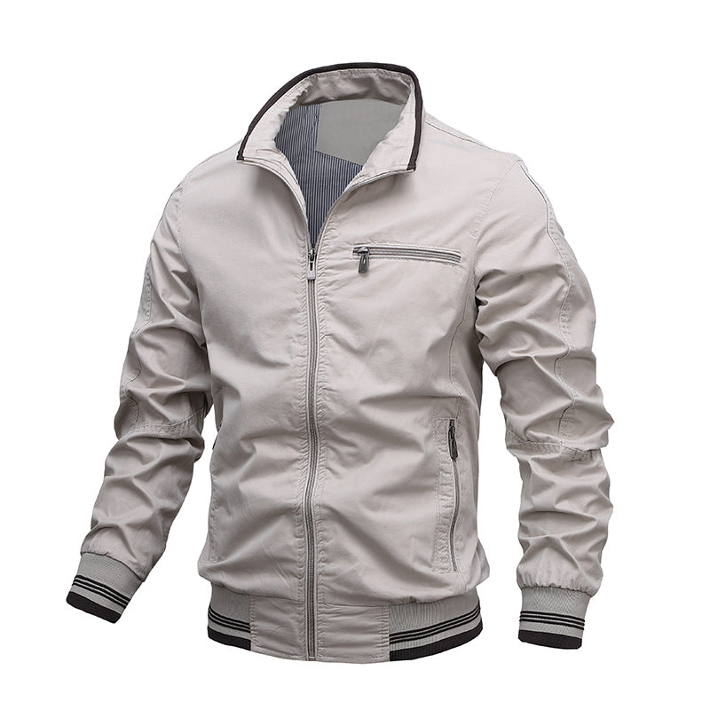 Men's Cotton Washed Jacket Regular Fit With Zip Front Zip Pockets Stand Collar For Everyday Wear