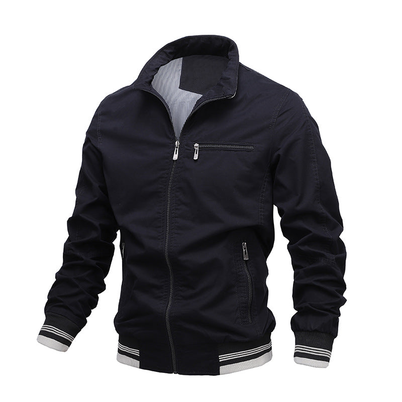 Men's Cotton Washed Jacket Regular Fit With Zip Front Zip Pockets Stand Collar For Everyday Wear