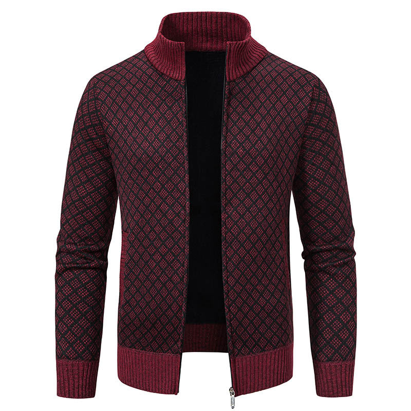 Street-Wave Zip Cardigan Jacket For Men In Plaid, Premium Knit Comfort, Stylish Everyday Wear