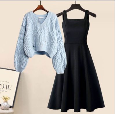Street-wave Two Piece Knit Top And Elegant Dress Set For Modern Women Versatile Day To Night Outfit