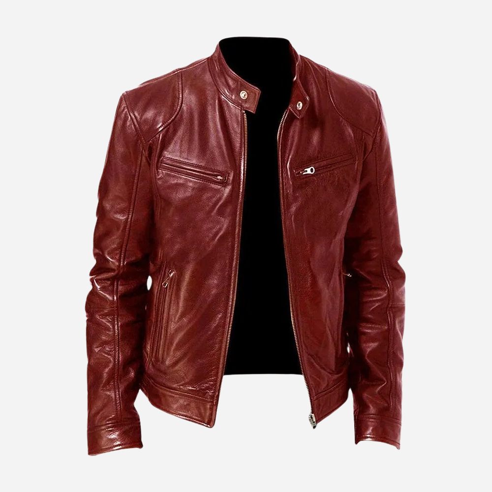 Mens Genuine Leather Biker Jacket Slim Fit With Snap Tab Collar And Zipper Closure