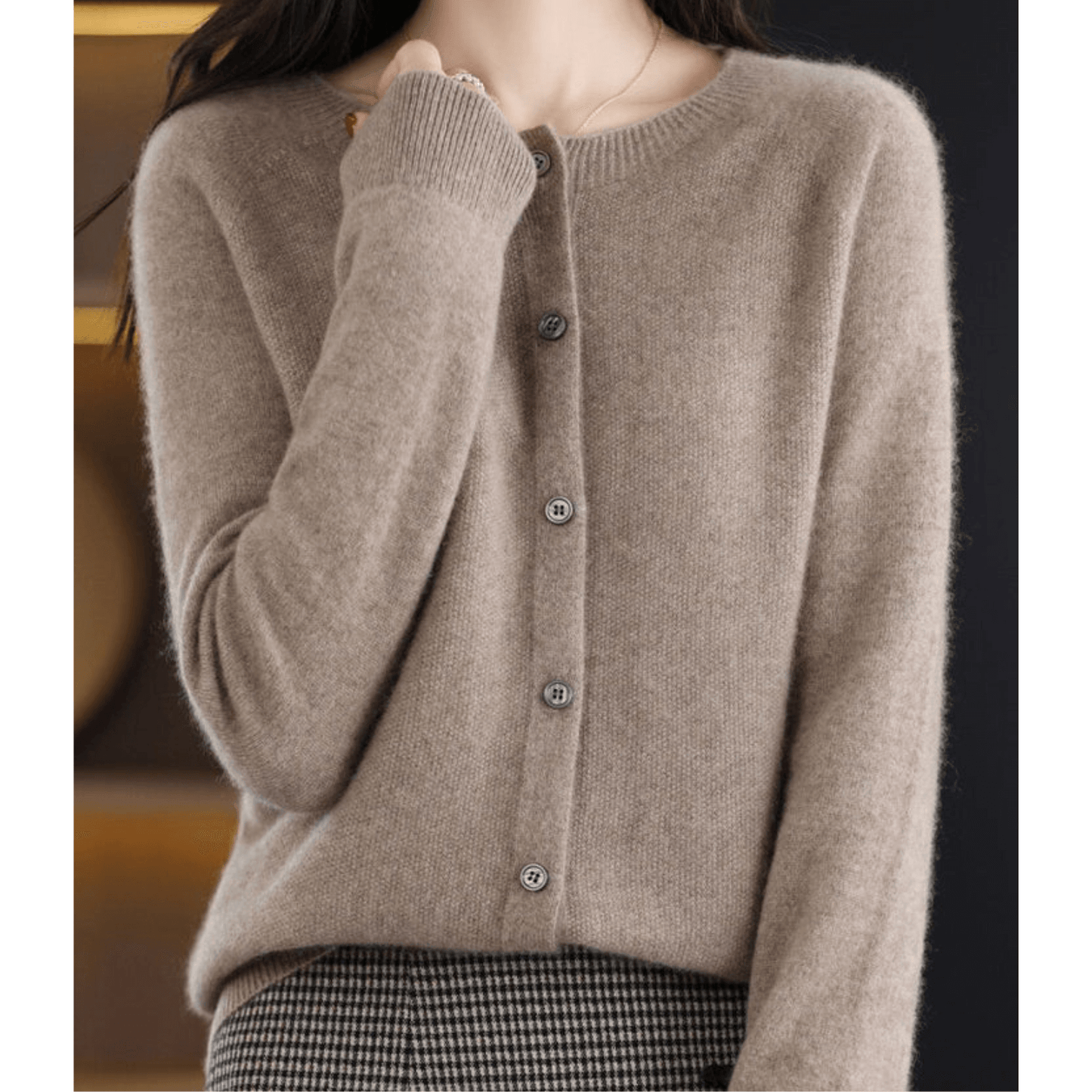 Street-Wave Womens Fine Knit Cardigan Crew Neck Soft CashmereFeel Merino Wool Blend Cozy Warm Essential