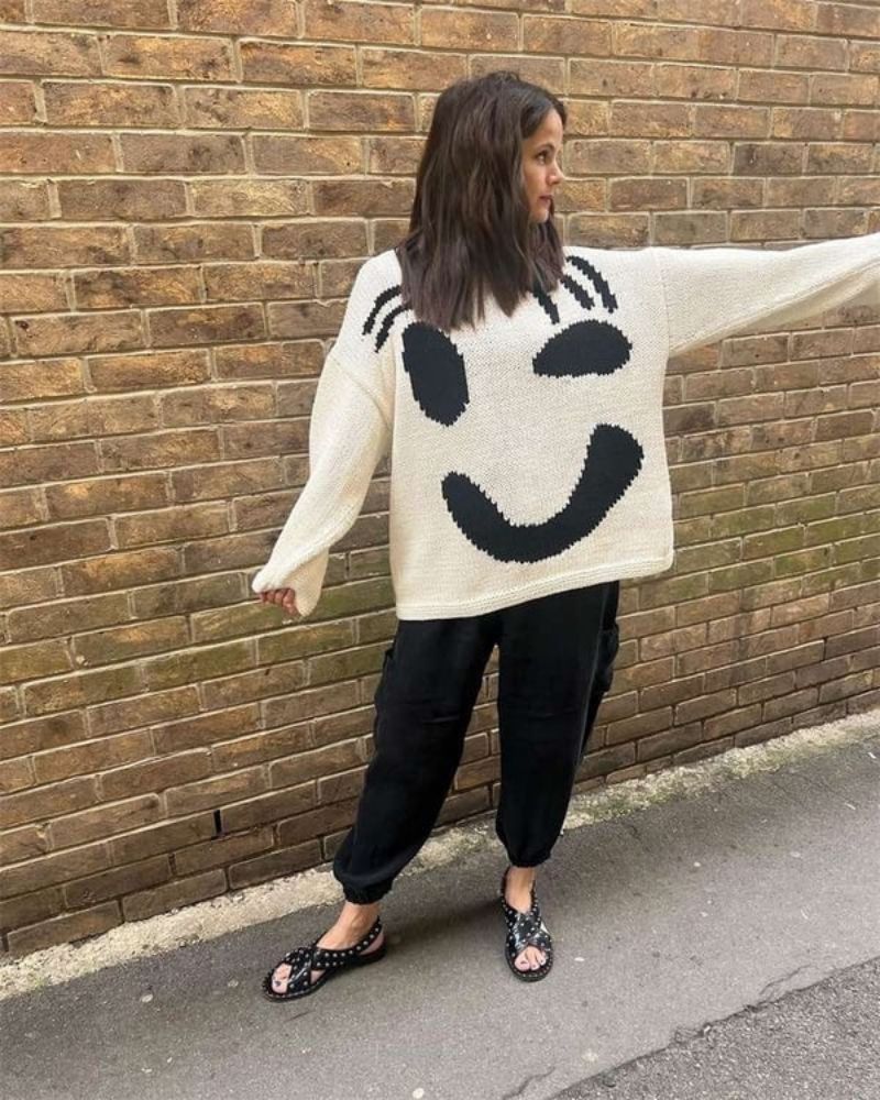 Street-Wave Soul Positive Sweater Cozy Cheerful Navy Knit For Women Bold Smile Pattern