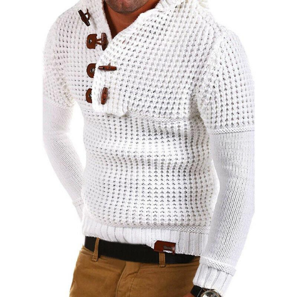 Street-Wave GlenDel Handknit Wool Pullover For Men Warm Double Knit With High Collar And Adjustable Hood