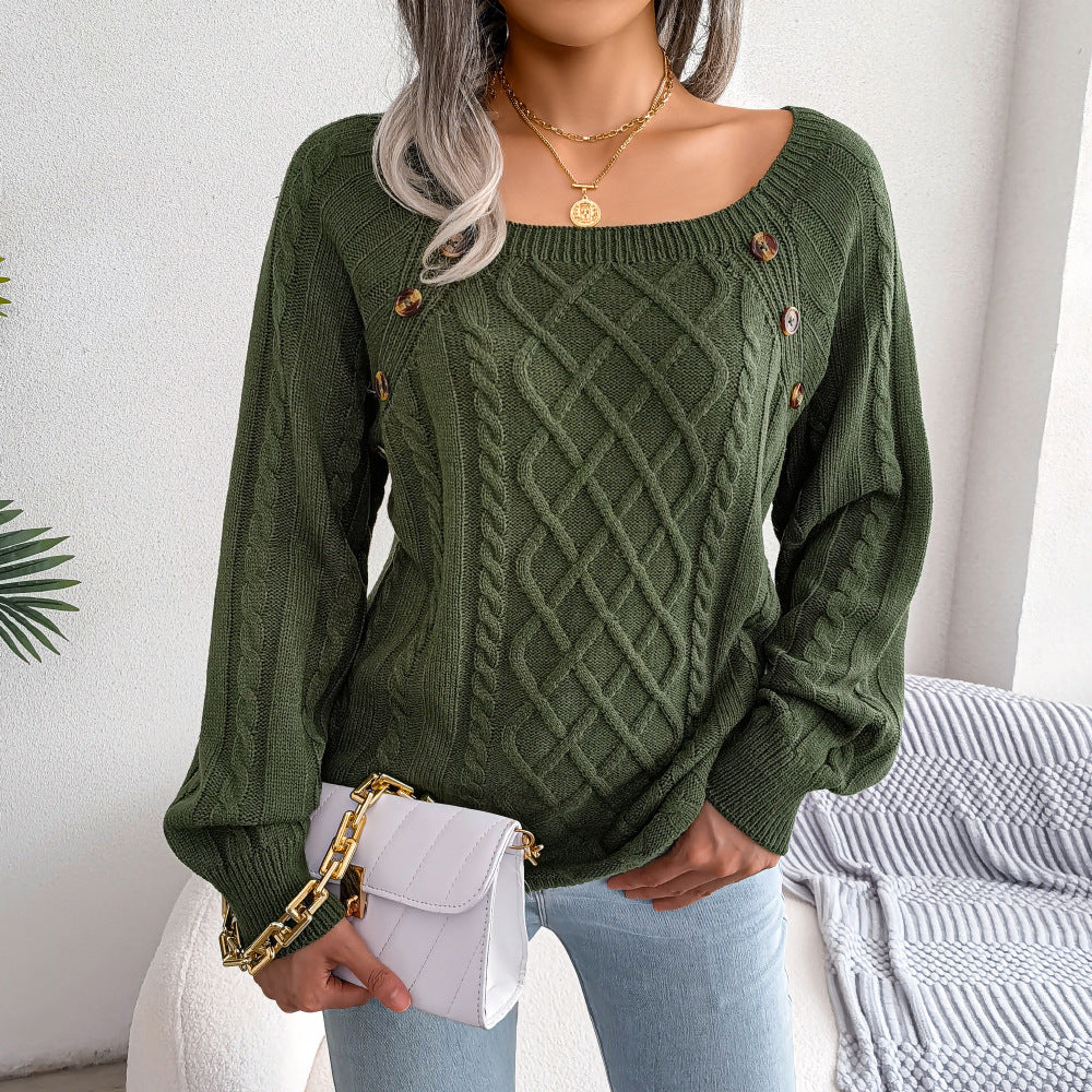 Street-wave Square Neck Cable Knit Sweater For Women Cozy Chic Pullover Wardrobe Essential For Everyday Casual Style