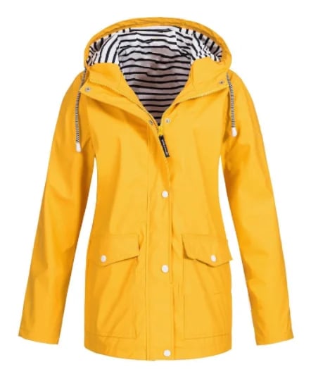 Street-Wave Women's Red Rain Jacket With Striped Lined Hood Waterproof Shell Adjustable Drawstrings Durable Pockets